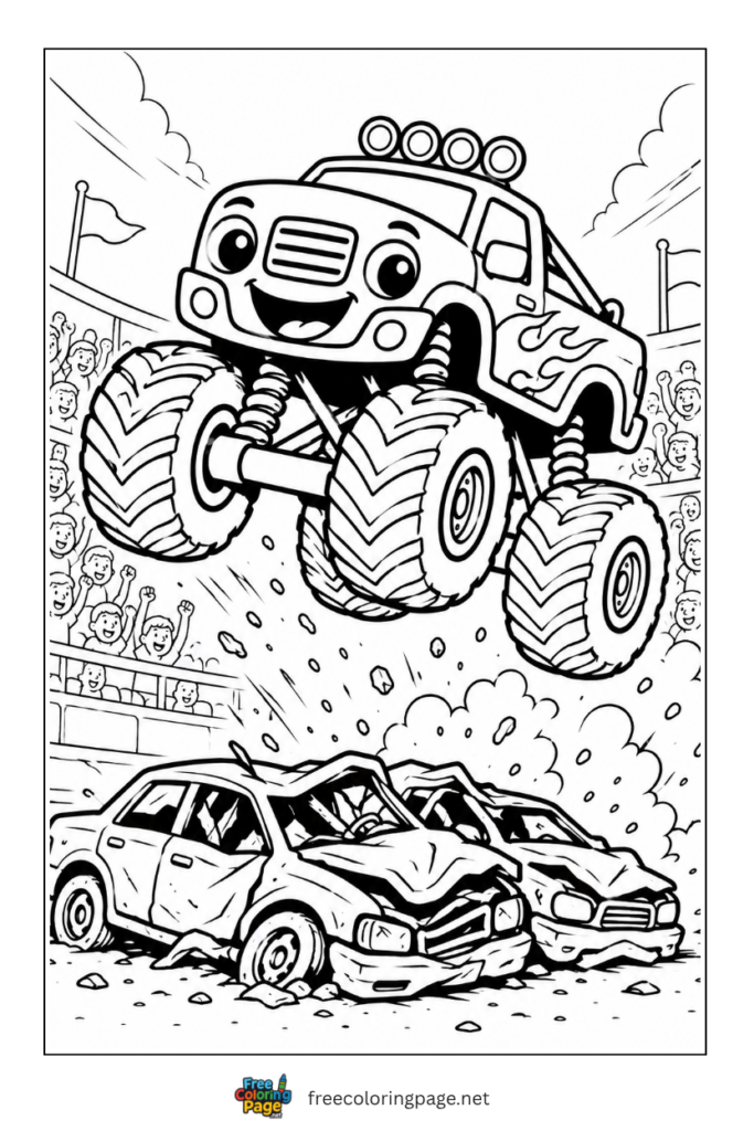 coloring page of monster truck crushing cars