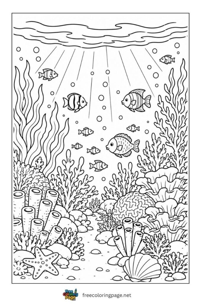 coral reef scene coloring page- for adults