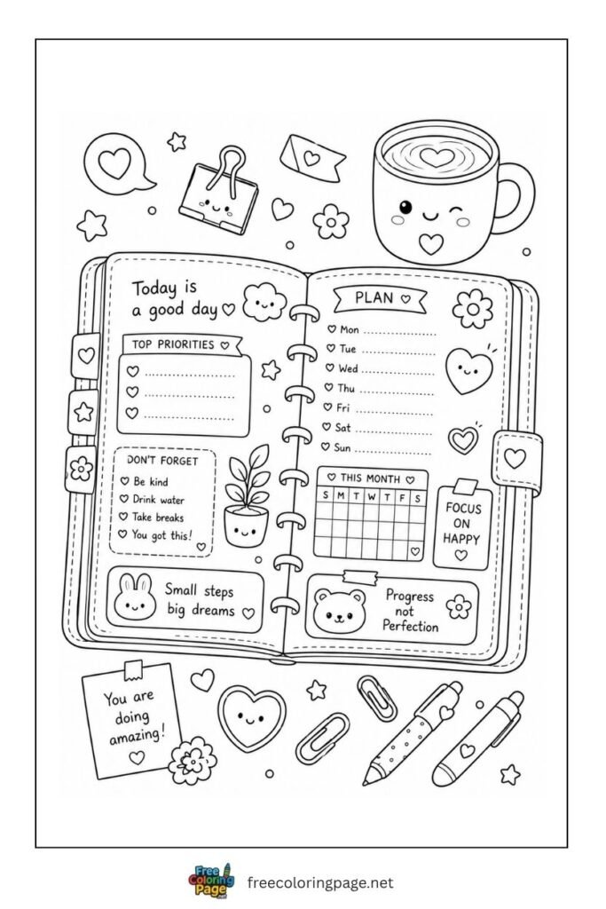 cozy planner aesthetic coloring page