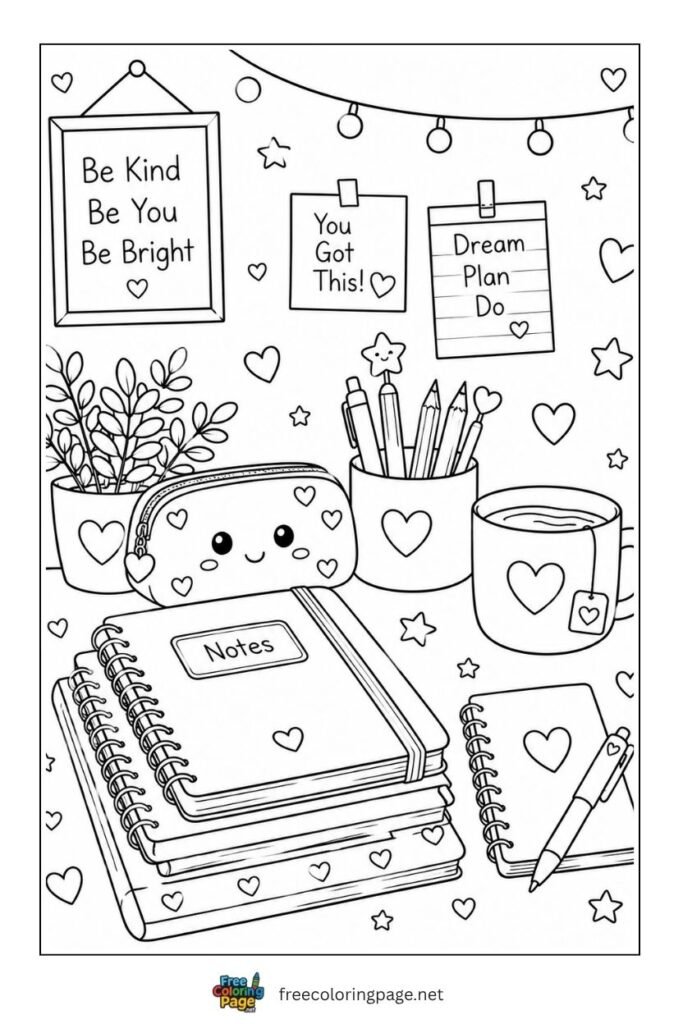 cozy study desk coloring page -asthetic for kids 