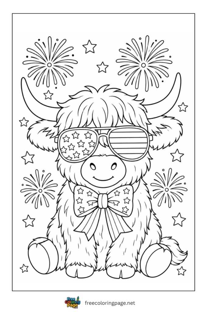 coloring page of cute highland cow on 4th of july