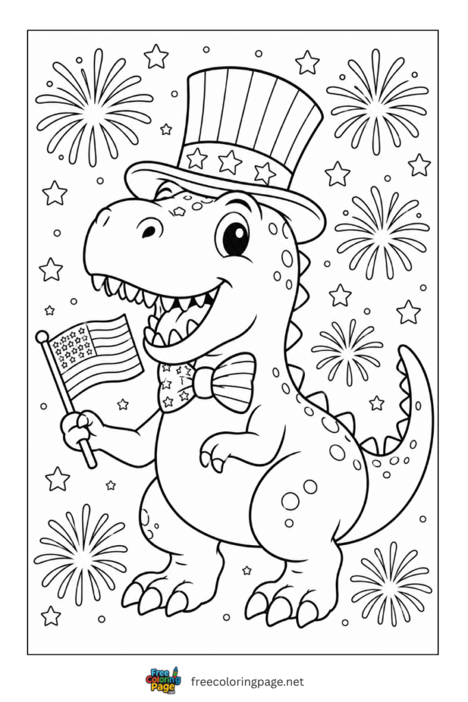 coloring page of cute dinosaur celebrating 4th of july