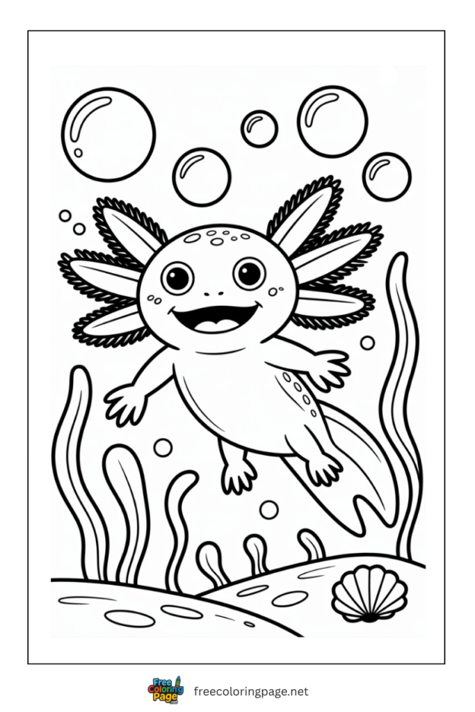 cute axolotl under water coloring page for kids