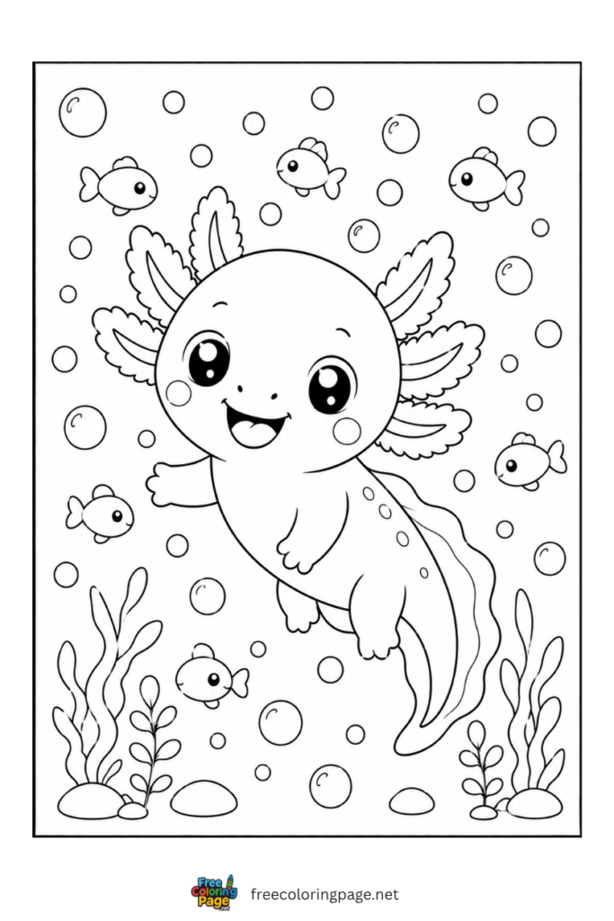 cute baby axolotl playing with fishes coloring page