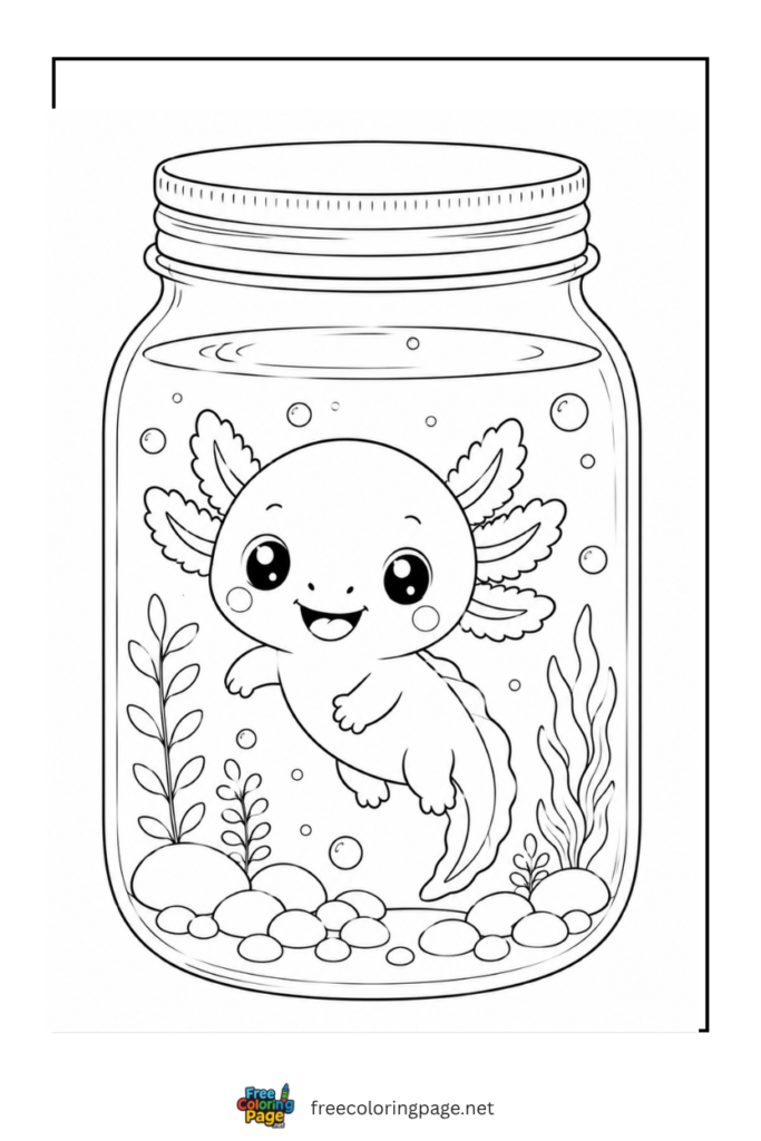 cute baby axolotl in glass jar coloring pages