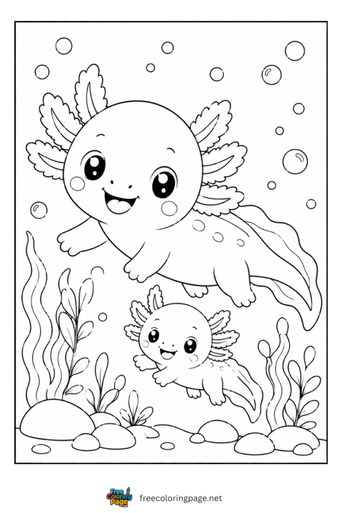 cute baby axolotl swimming with her mother coloring page