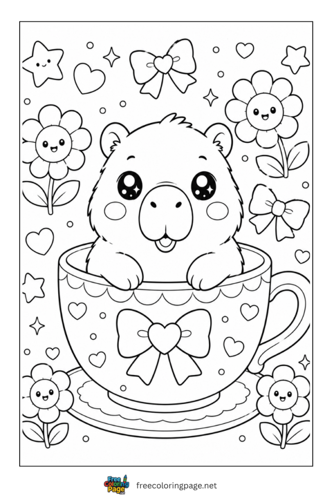cute kawaii baby capybara in teacup  coloring page