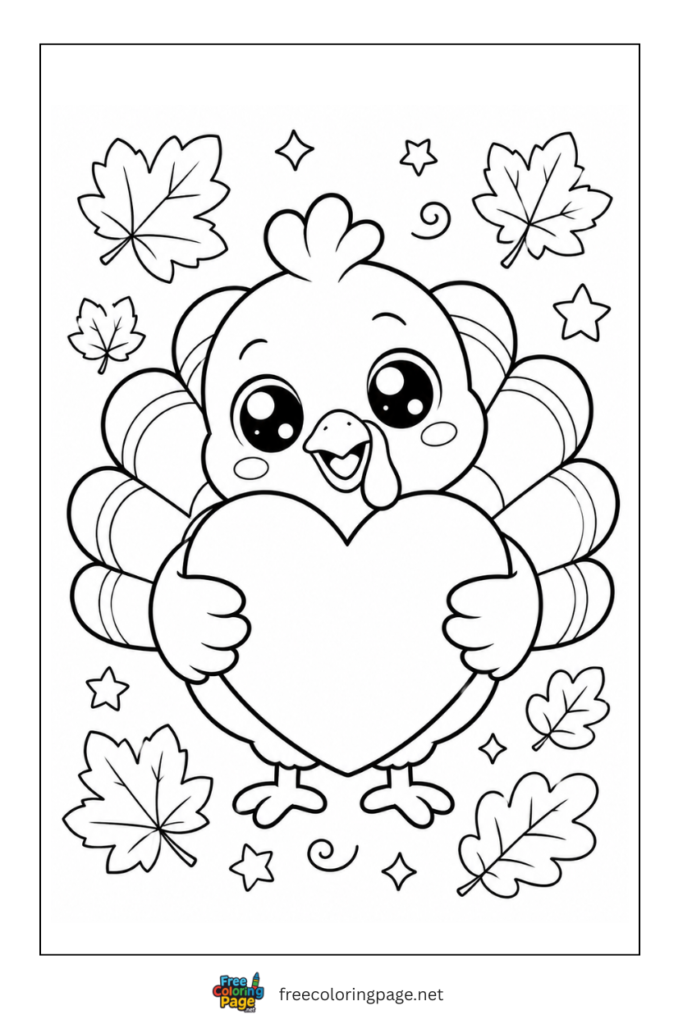 baby turkey holding heart coloring page 