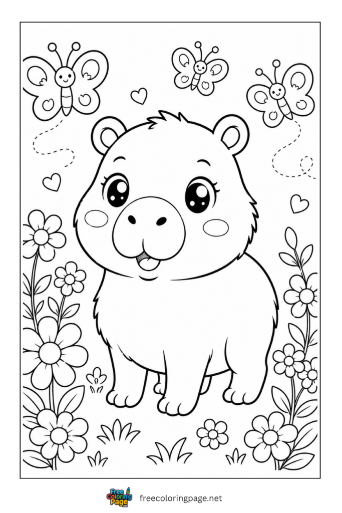 cute kawaii baby capybara with butterflies coloring page
