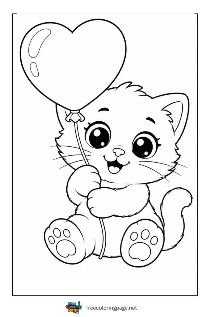 coloring page of kitten with big heart baloon