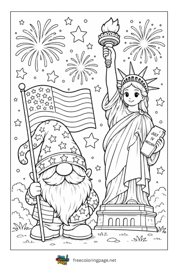 coloring page of cute genome and liberty of statue on 4th july 