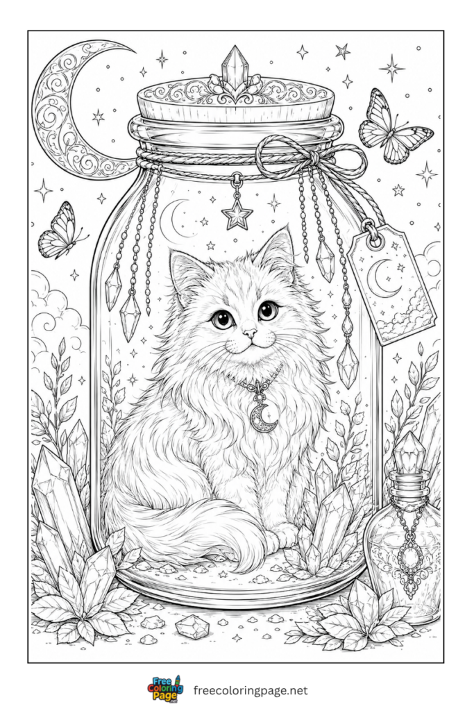 coloring page of fantasy kitten in glass jar