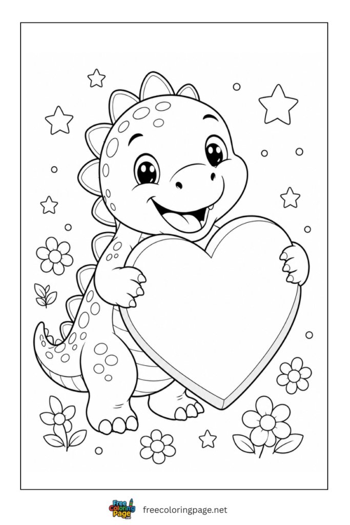 coloring page of dinosaur with large heart