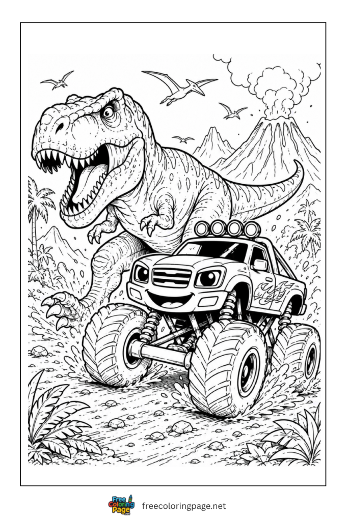 coloring page of monster truck with t-rex dinosaur