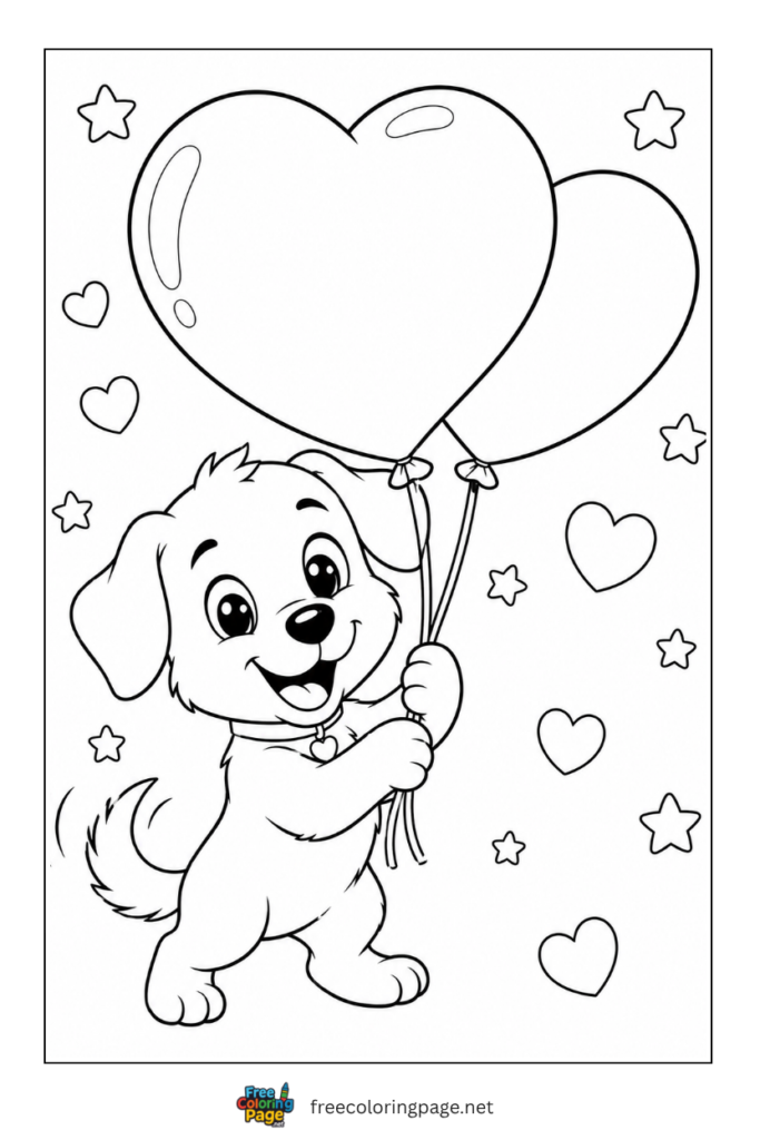 coloring page of dog holding heart balloons