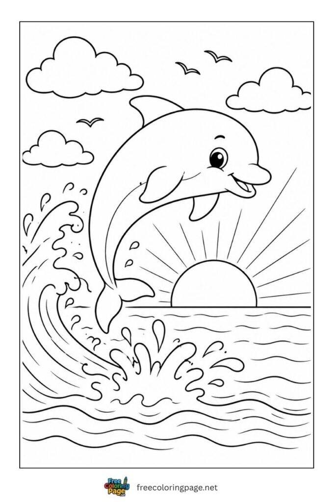 dolphin leaping sunset coloring page - ocean animals