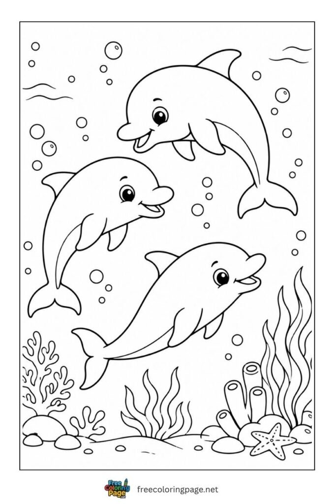 dolphin pod swimming coloring page - ocean animals