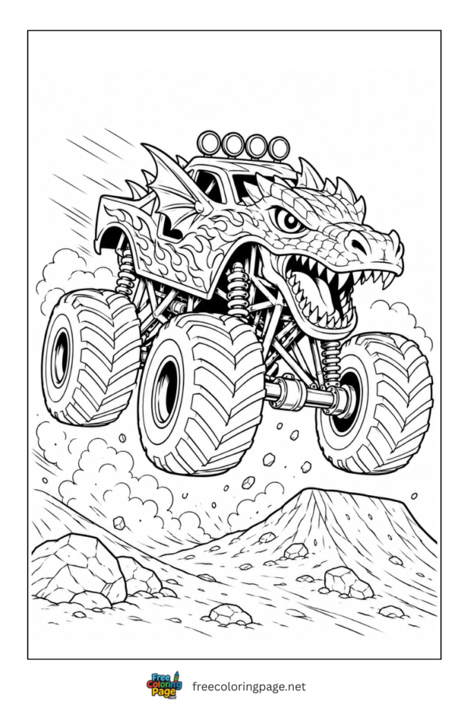 coloring page of dragon monster truck roaring
