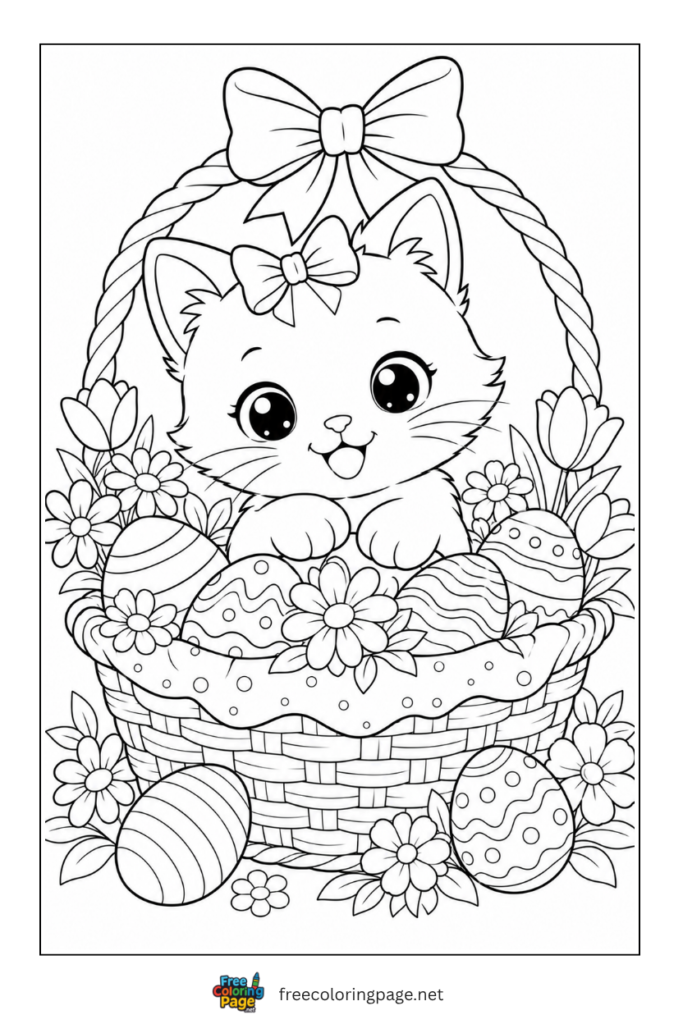 coloring page of kitten easter fun with easter eggs