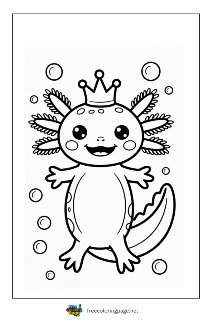 cute axolotl wearing crown coloring page