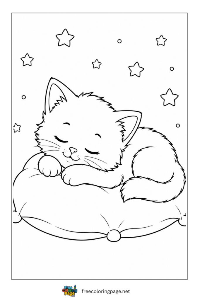 coloring page of kitten sleeping on cushion
