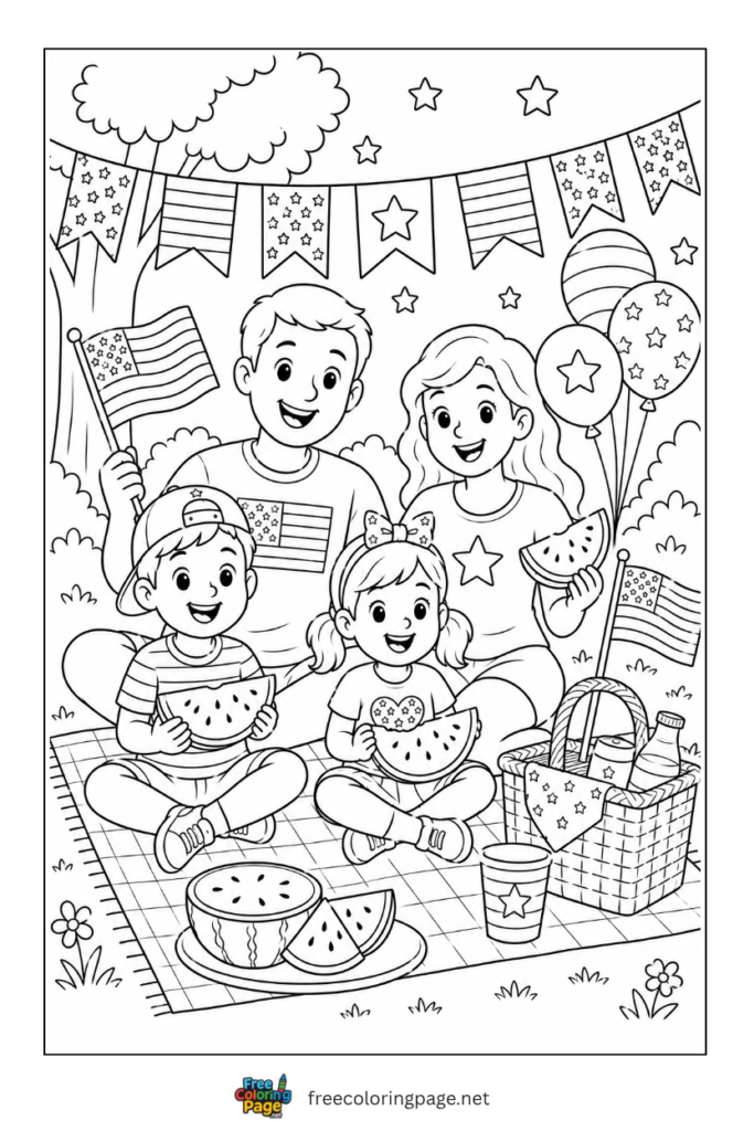 coloring page of family picnic on 4th july