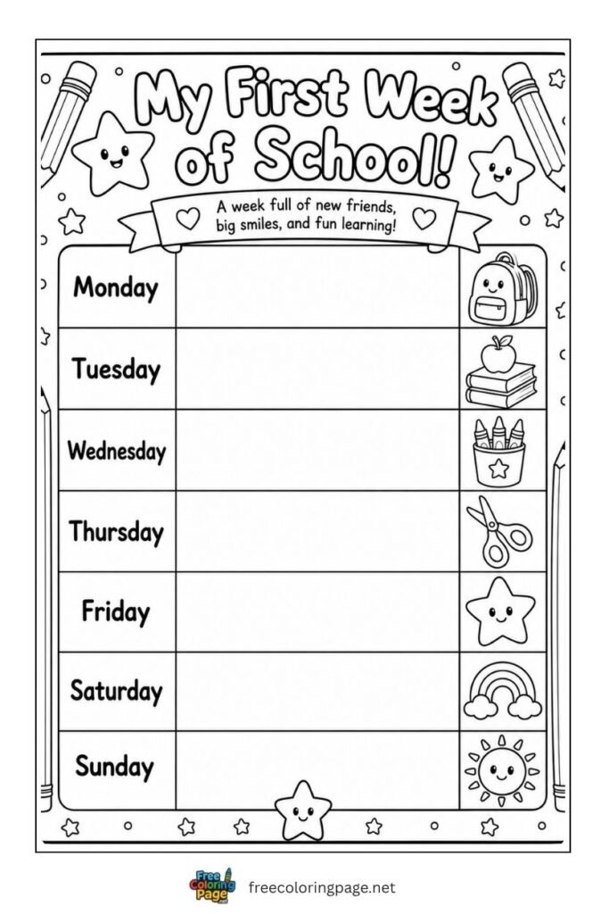 first week school calender coloring page