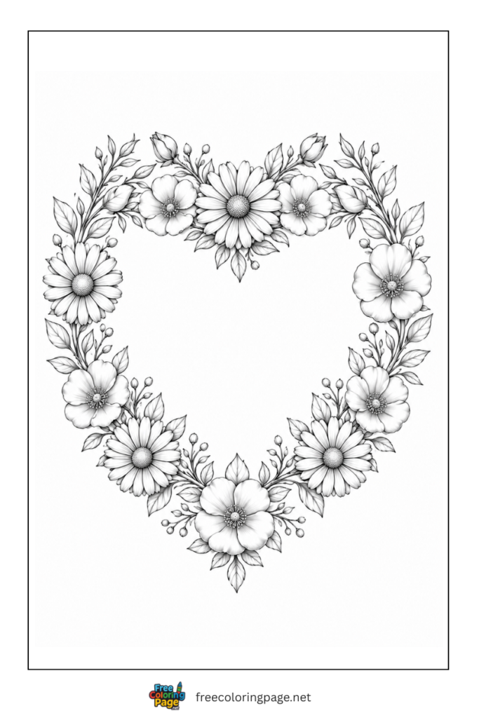 coloring page of realistic flower heart wreath