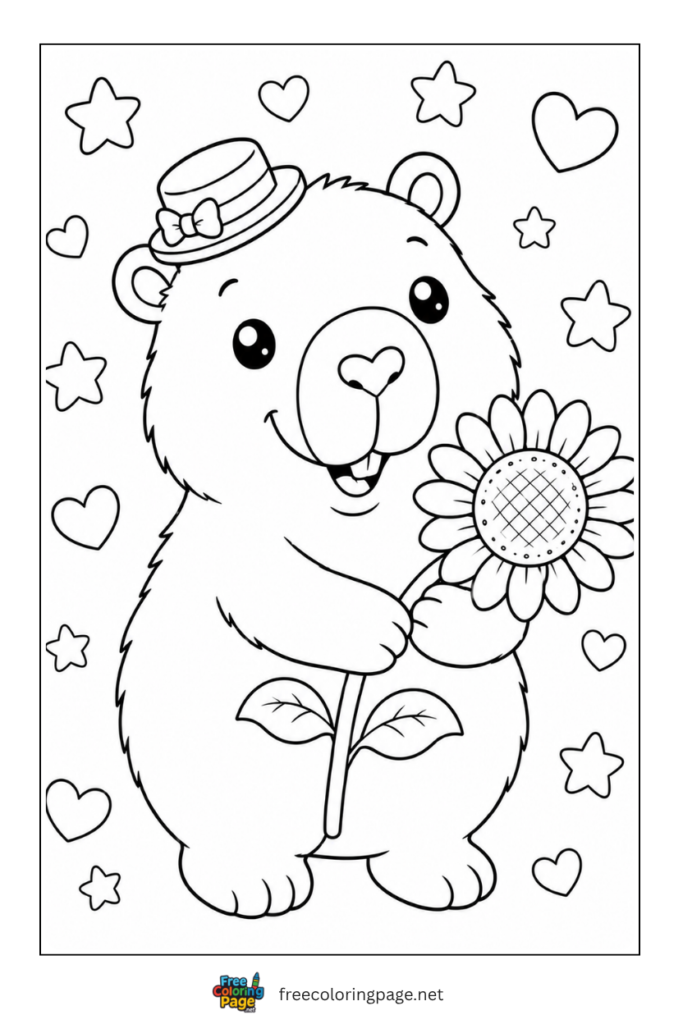 cartoon capybara holding flower coloring page for kids