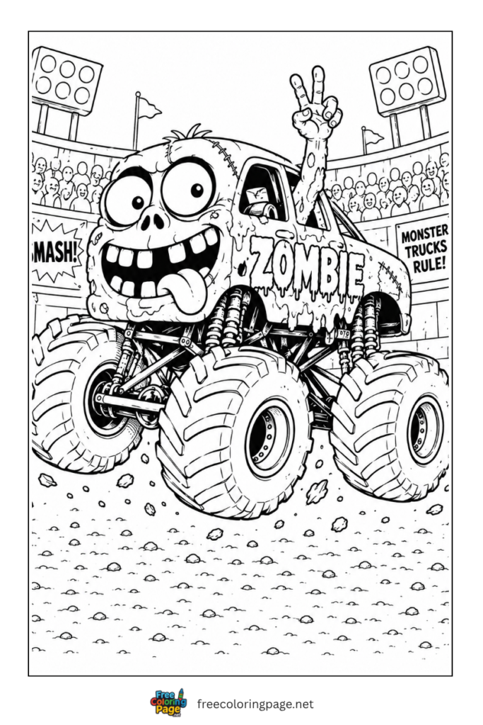 coloring page of funny zombie monter truck in an arena
