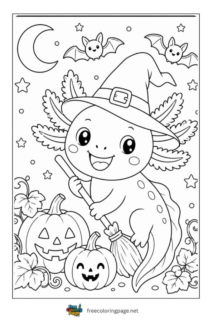 axolotl wearing halloween costume coloring page
