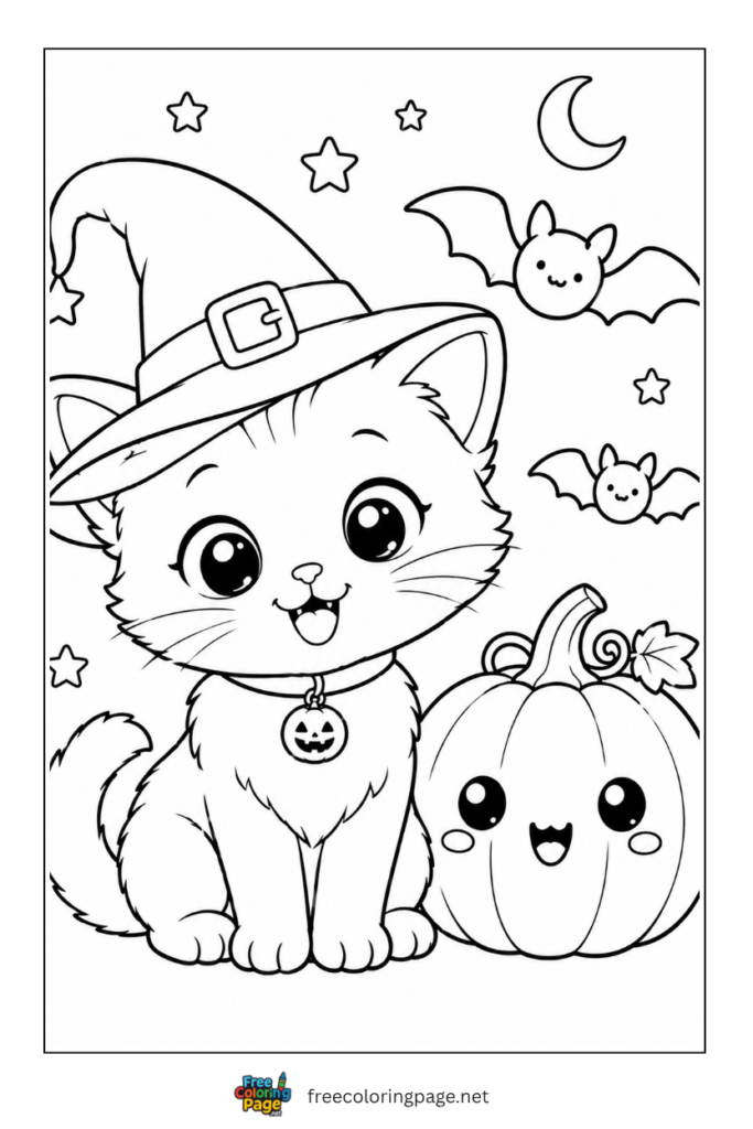coloring page of kitten halloween celebration