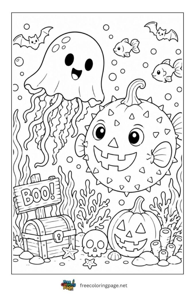 halloween underwater scene coloring page- celebration fun