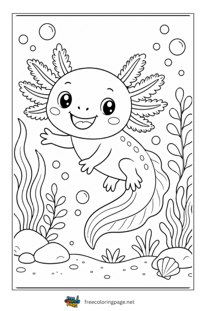 happy axolotl waving under water coloring page