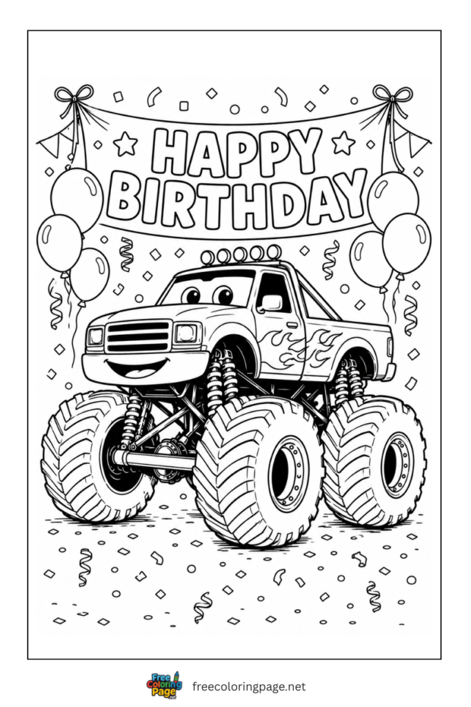 coloring page of monster truck birthday celebration