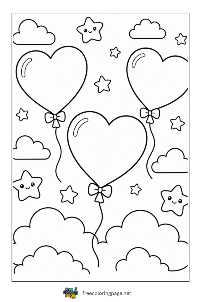 coloring page of heart balloons 