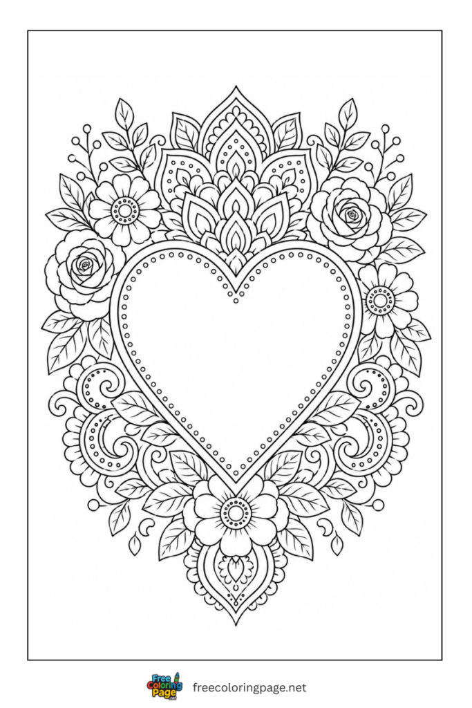 coloring page of heart designed with flowers