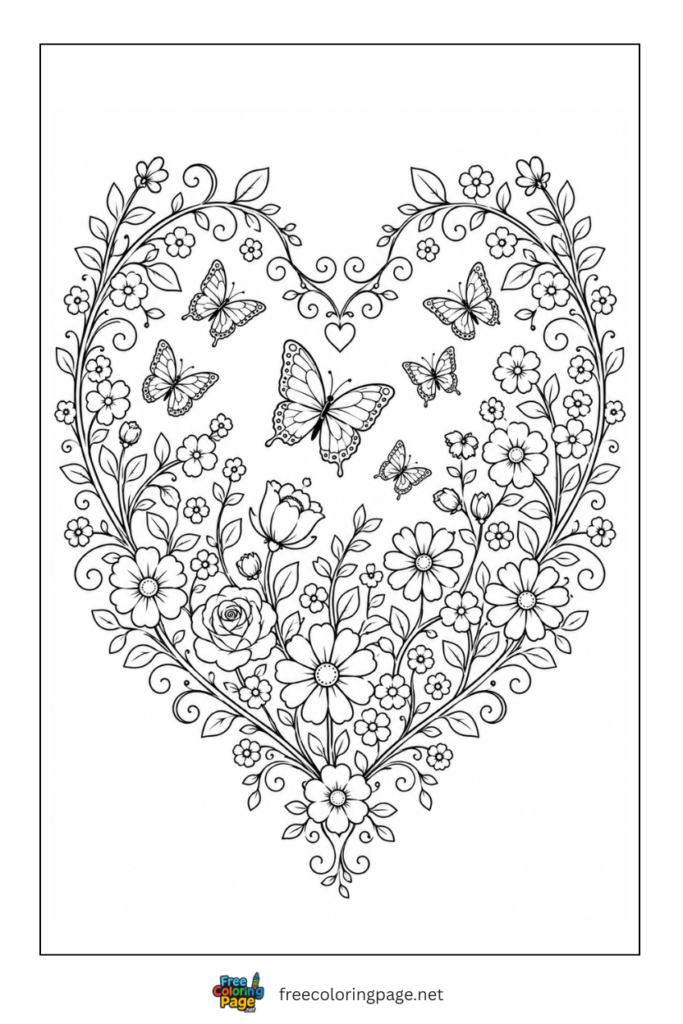 coloring page of heart flowers and butterflies