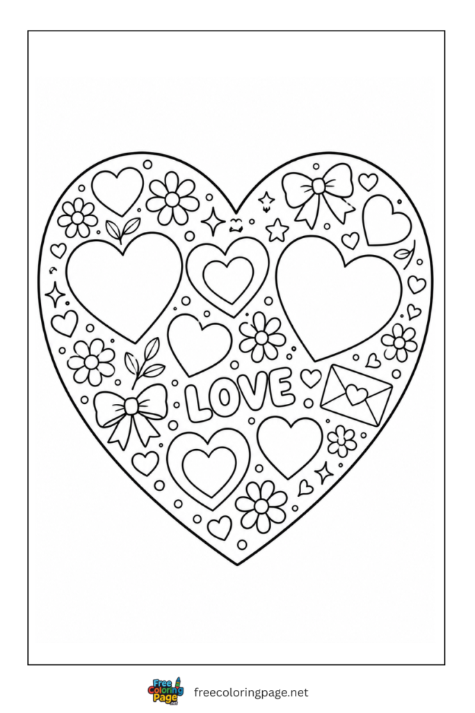 coloring page of love heart filled with small hearts