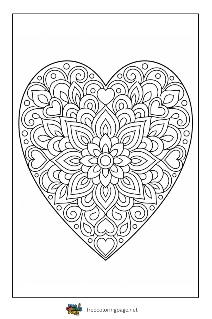 coloring page of intricate heart mandala