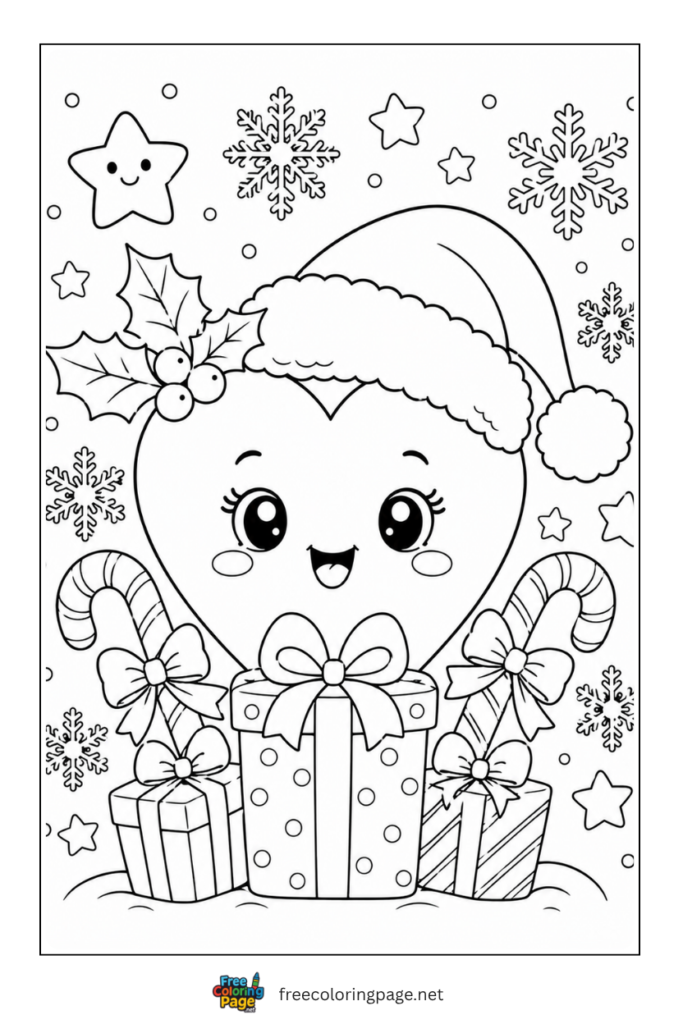 coloring page of cute heart wearing santa hat