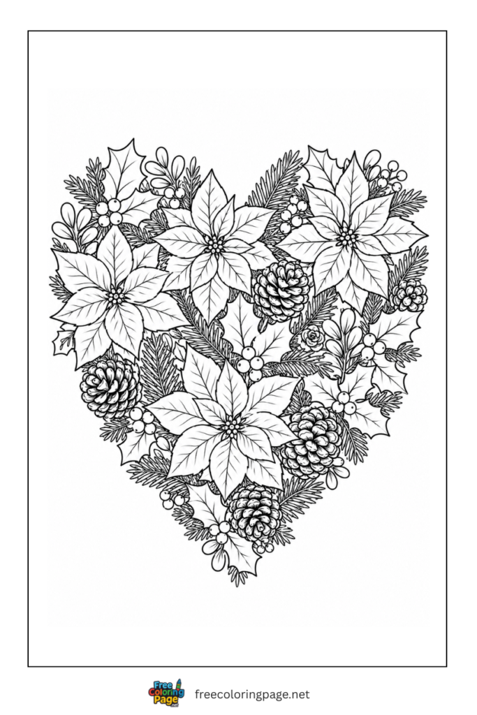 coloring page of heart made of christmas flowers cones and leaves