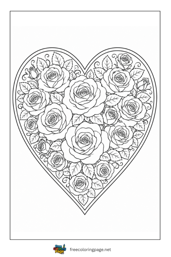 coloring page of heart filled with roses