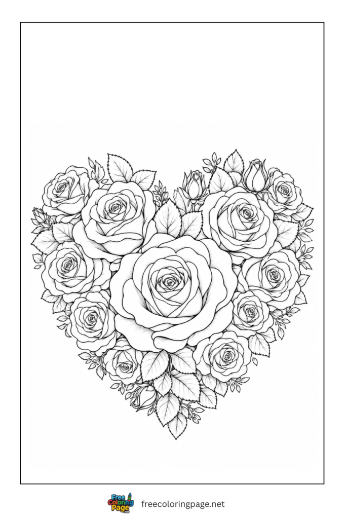 coloring page of heart and roses