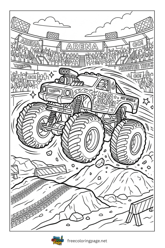 coloring page of hot wheels monster truck in grand arena