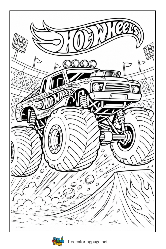 coloring page of hotwheels monster truck on ramp