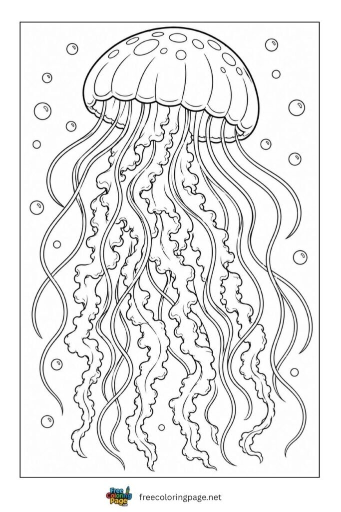 jellyfish flowing tentacles coloring page- sea animals