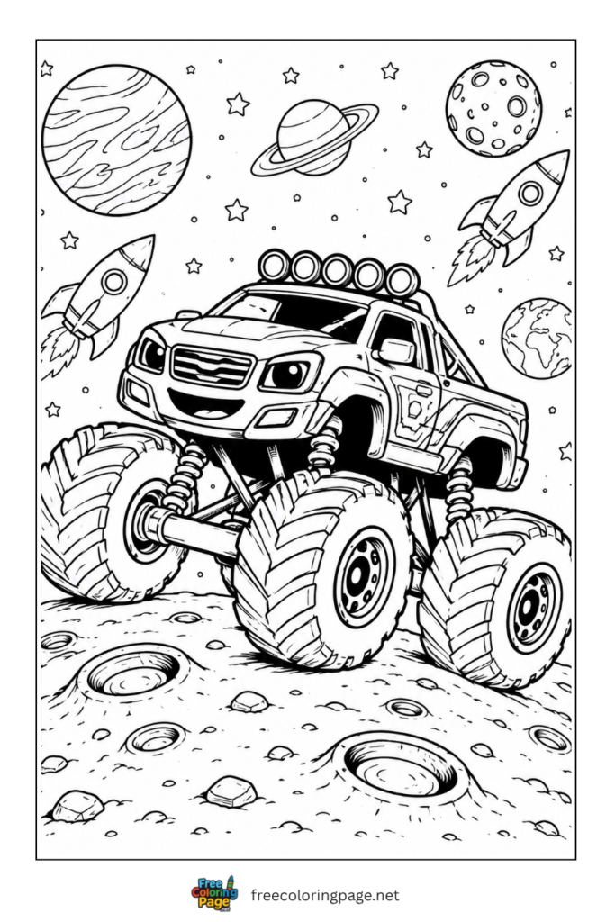 coloring page of space themed monster truck