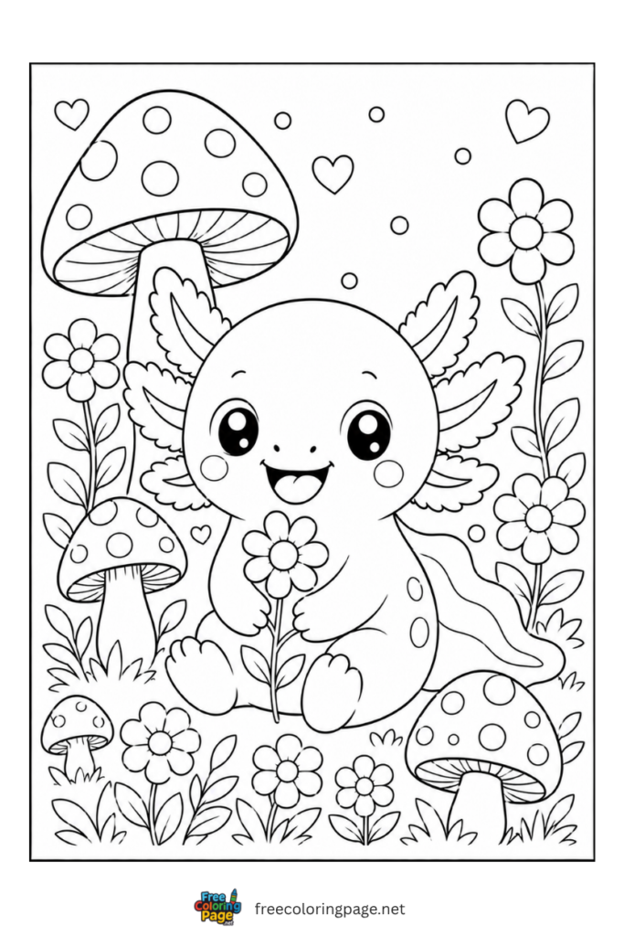 kawaii axolotl sitting beside flowers and big mushroom