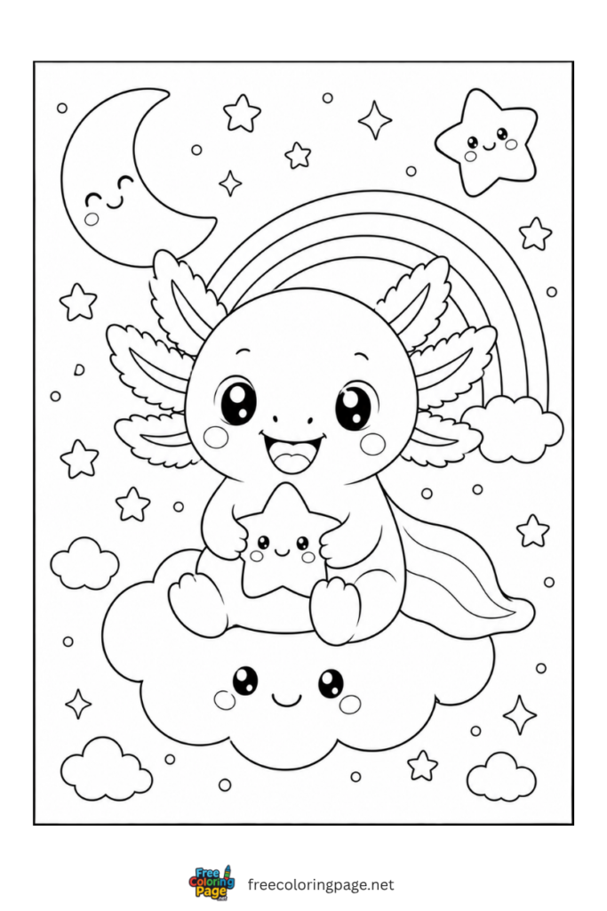 cute kawaii axolotl with moon and stars
